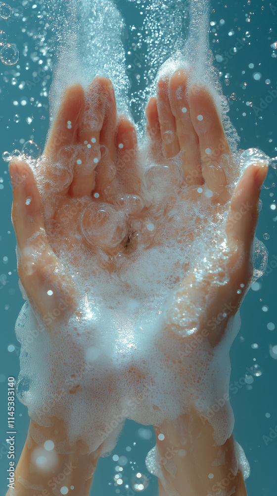 Fototapeta premium Illustration of hand washing, face washing with soap or white foam with a little bubble.