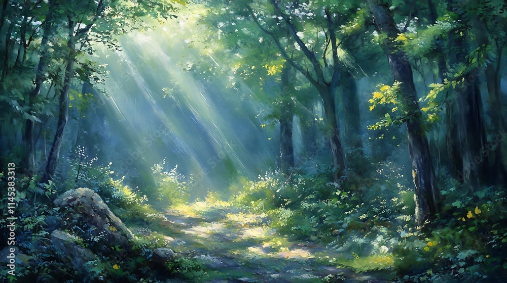 Obraz premium Sunlight gently streams through the dense canopy of green forest leaves, casting soft, dappled shadows on the forest floor, creating a tranquil and serene atmosphere 