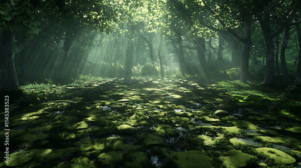 Obraz premium The sun's rays break through the vibrant green leaves of a forest, casting intricate patterns on the moss-covered ground as morning light fills the space 