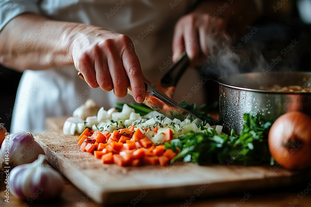 Culinary Art: Chef's Hands Orchestrating a Symphony of Fresh Vegetables on a Rustic Cutting Board Culinary Art: Chef's Hands Orchestrating a Symphony of Fresh Vegetables on a Rustic Cutting Board