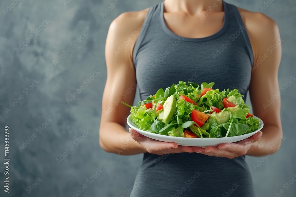 Fit Woman Holding Nutritious Salad Plate in Studio Setting Fit Woman Holding Nutritious Salad Plate in Studio Setting