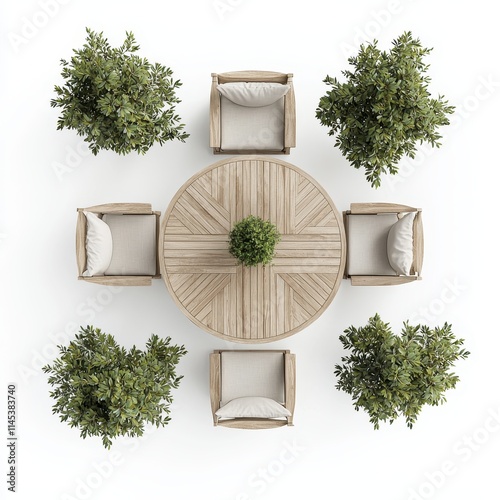 A stylish outdoor dining setup featuring a round wooden table surrounded by six cushioned chairs and decorative greenery.