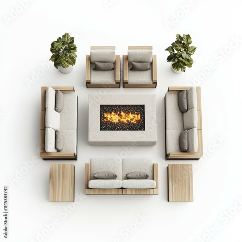 A modern outdoor seating arrangement with a central fire pit, surrounded by stylish chairs and tables, accentuated by potted plants.
