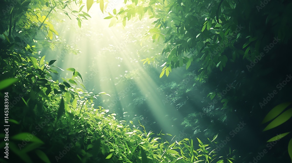 Obraz premium Warm morning sunlight filters through the dense green foliage, illuminating the forest with a soft, glowing light that highlights the intricate details of the leaves 