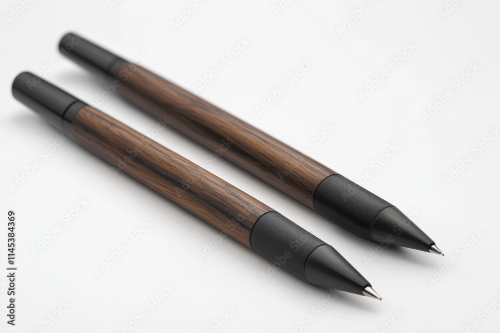 Elegant Wooden Mechanical Pencils on White Background Pair of Writing Instruments Elegant Wooden Mechanical Pencils on White Background Pair of Writing Instruments