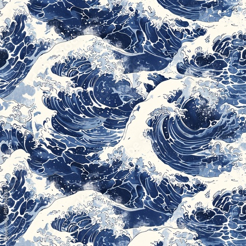 Blue Ocean Wave Seamless Pattern Japanese Art Style Water Texture Nautical Background