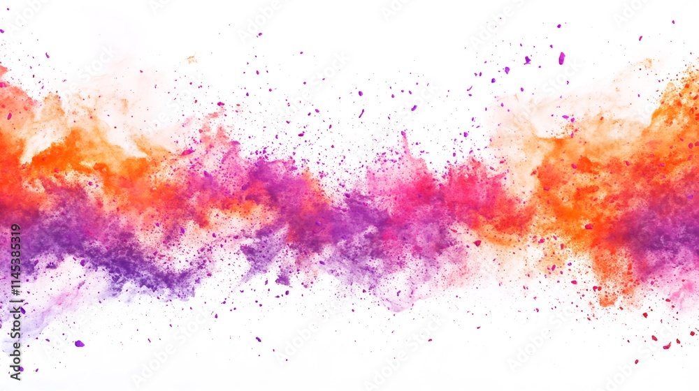 Vibrant orange, pink, and purple powder explosion isolated on white background. Vibrant orange, pink, and purple powder explosion isolated on white background.