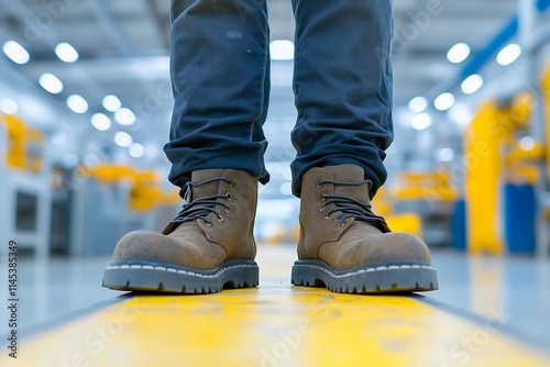 Worker Wearing Steel Toe Boots in Modern Manufacturing Plant
