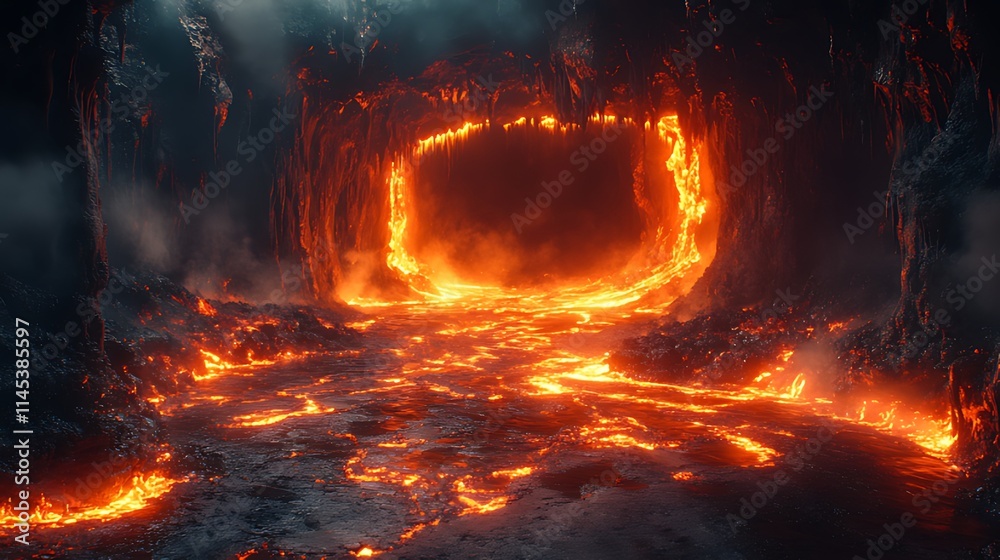 Fiery volcanic cave entrance with lava flow. Fiery volcanic cave entrance with lava flow.