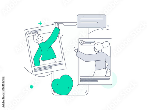 Virtual characters social communication concept business flat vector hand drawn illustration
