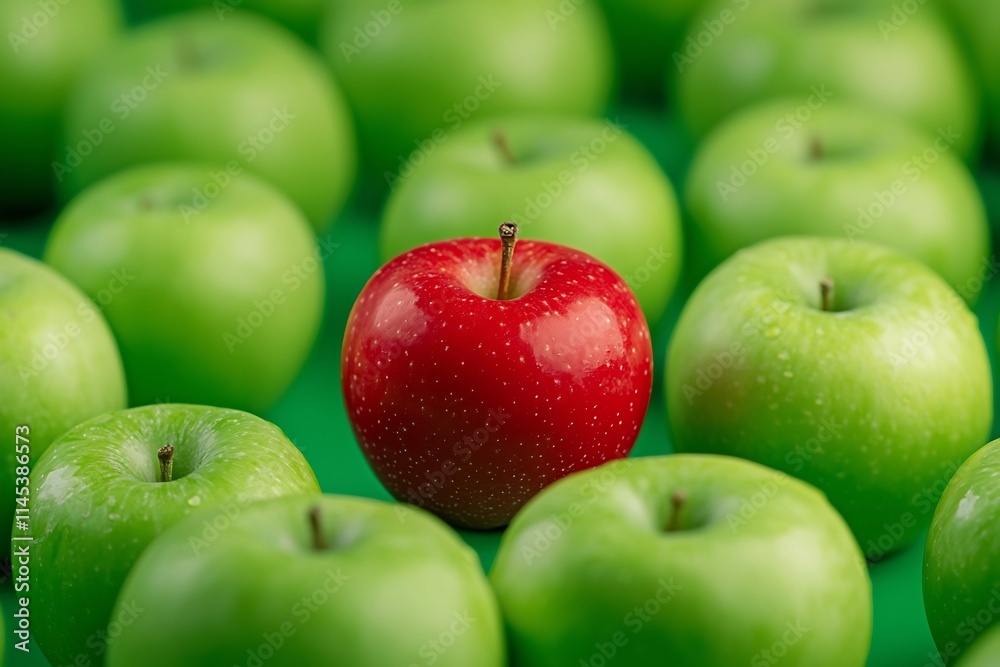 Solitary Crimson Delight Amidst a Bountiful Green Apple Orchard Solitary Crimson Delight Amidst a Bountiful Green Apple Orchard