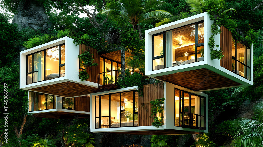The exterior of a stunning modern, minimalist cubic villa surrounded by palm trees and featuring a large swimming pool. The exterior of a stunning modern, minimalist cubic villa surrounded by palm trees and featuring a large swimming pool.