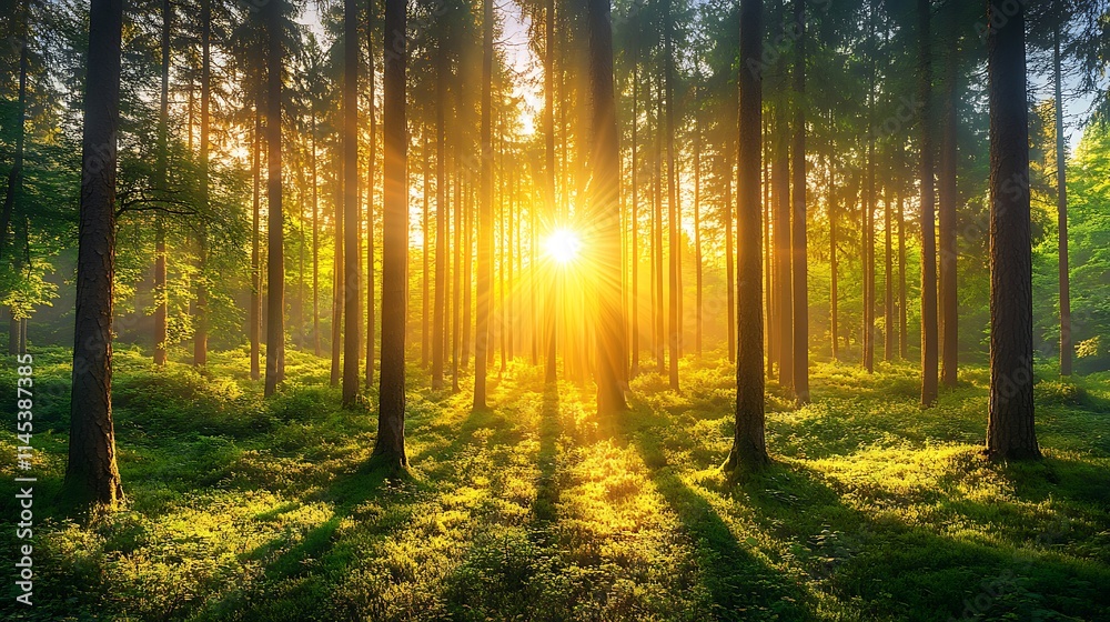 Fototapeta premium Panoramic view of the sun shining through the tree