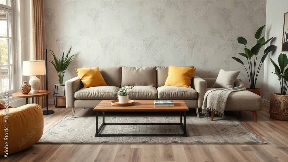 Fototapeta premium Cozy living room with a stylish sofa, coffee table, and rug, interior, couch