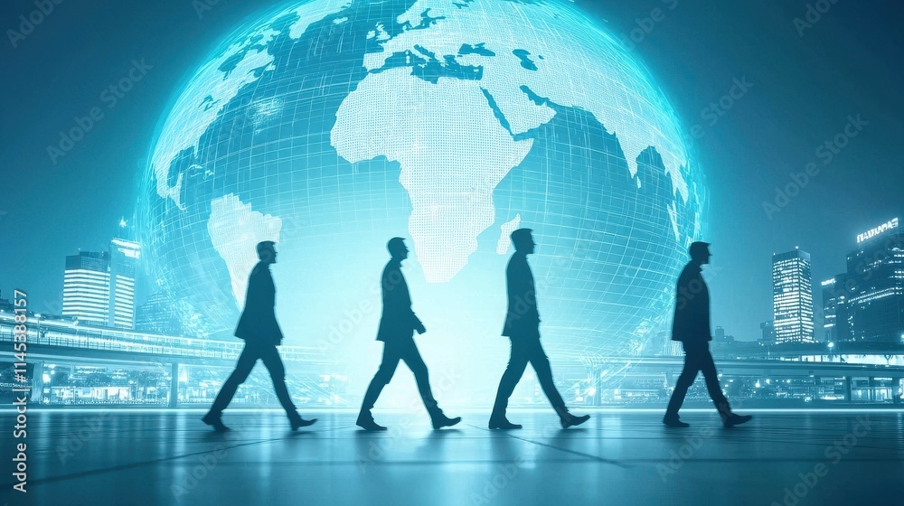 Business professionals walking in silhouette under a global map urban setting digital art futuristic viewpoint Business professionals walking in silhouette under a global map urban setting digital art futuristic viewpoint