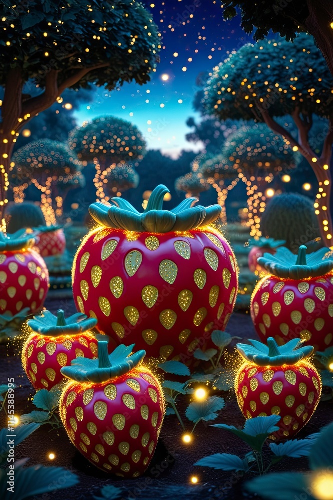 magical strawberry garden glowing under a twilight sky, with oversized strawberries the size of pumpkins, sparkling with golden fairy dust magical strawberry garden glowing under a twilight sky, with oversized strawberries the size of pumpkins, sparkling with golden fairy dust
