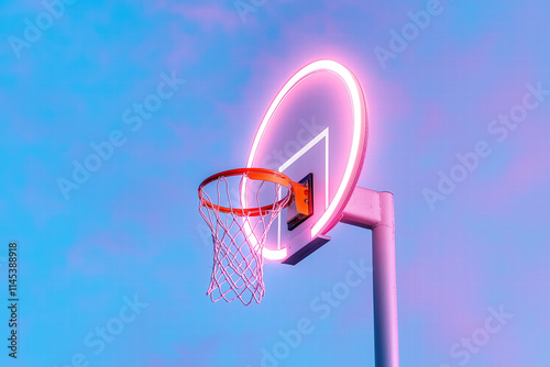 Neon Lit Basketball Hoop Against a Pastel Sky
