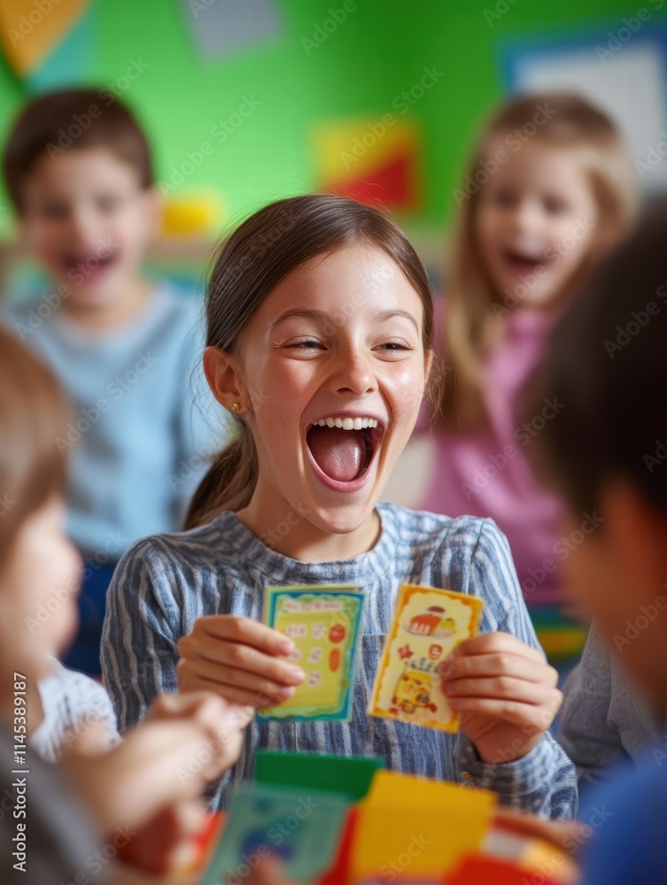 Obraz premium Joyful child playing card game in colorful classroom setting