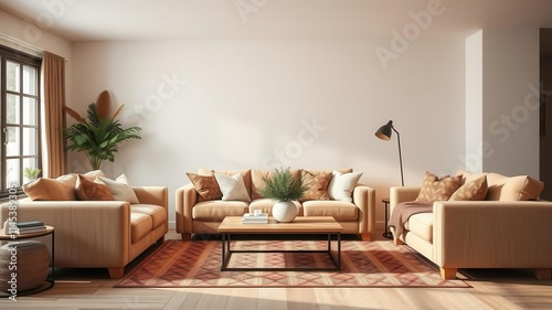 Cozy living room with soft plush couches and warm earth tones, cozy, comfort photo