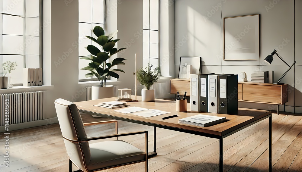 A stylish office with minimalist decor, featuring a polished desk, business documents, and a plant, creating a sleek and professional workspace A stylish office with minimalist decor, featuring a polished desk, business documents, and a plant, creating a sleek and professional workspace