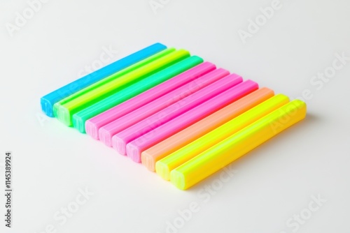 Vivid Neon Colored Chalks Arranged on a White Background for Creative Expression