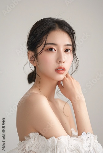 Portrait of a beautiful asian korean woman in a clean white dress.