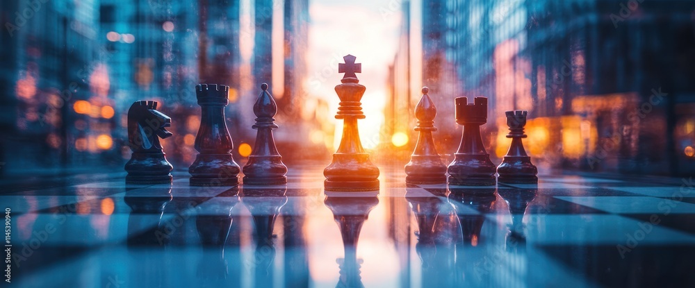 Chess Pieces at Sunset with a City Background Chess Pieces at Sunset with a City Background
