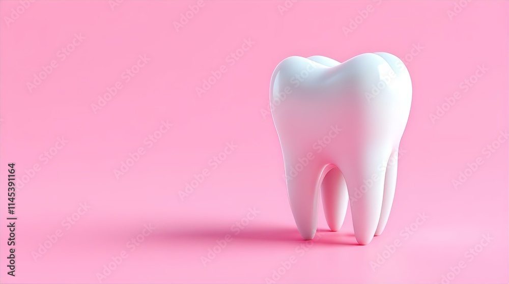 Single, glossy white tooth model on a pink background, 3D rendering, clean, healthy, dental care concept, minimalist style. Single, glossy white tooth model on a pink background, 3D rendering, clean, healthy, dental care concept, minimalist style.