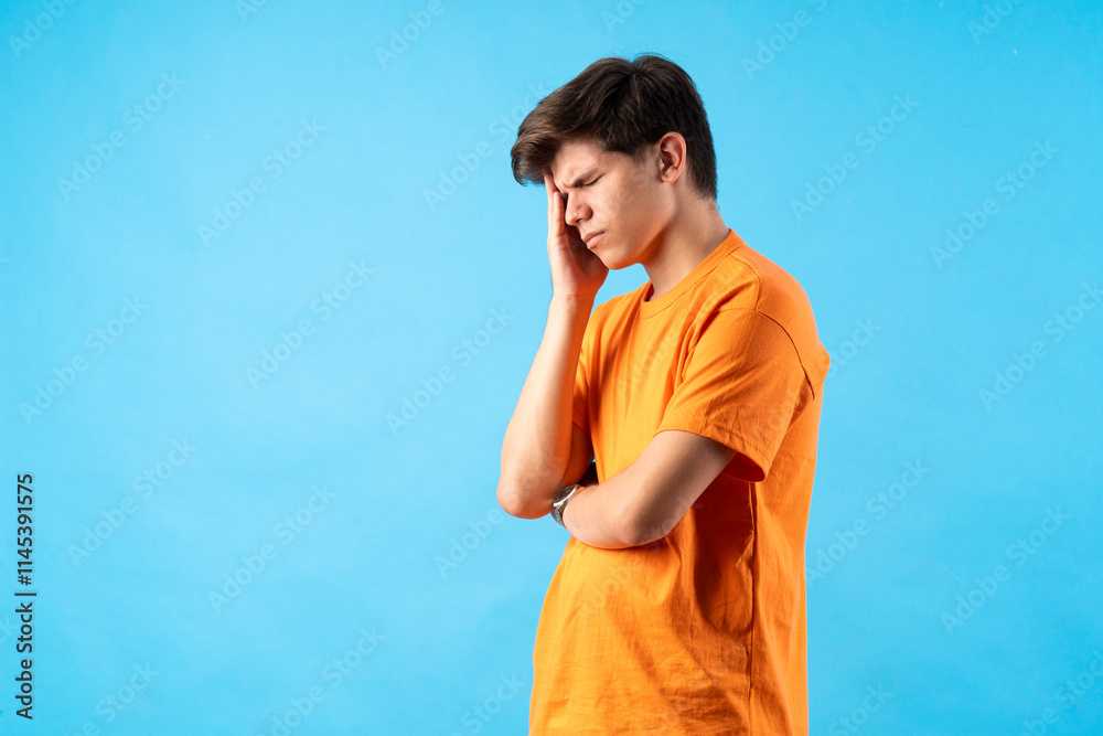 Young person expressing various emotions and body pains, pointing, using a cellphone, with colored backgrounds and wearing shirts of different colors Young person expressing various emotions and body pains, pointing, using a cellphone, with colored backgrounds and wearing shirts of different colors