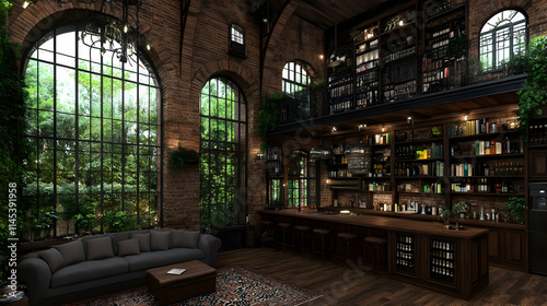 Interior design of a modern living room in a farmhouse or country style home. With its earthy hues, grey sofa, and wooden textures, this modern rustic lounge creates a warm and welcoming atmosphere.
