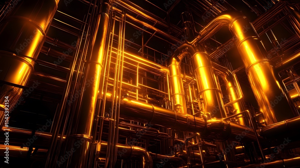 A gold colored industrial plant with many pipes and tanks. The image has a futuristic and industrial feel to it A gold colored industrial plant with many pipes and tanks. The image has a futuristic and industrial feel to it