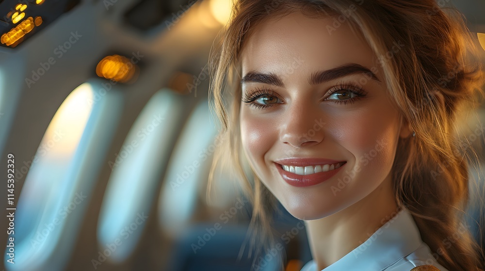 Smiling flight attendant standing by AI generated illustration Smiling flight attendant standing by AI generated illustration
