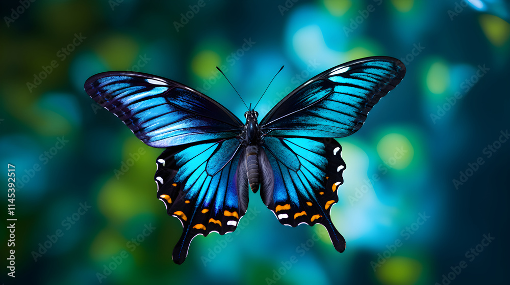 Stunning Close-up Capture of Vibrant Blue Butterfly in Mid-flight Against a Serene Green Background Stunning Close-up Capture of Vibrant Blue Butterfly in Mid-flight Against a Serene Green Background