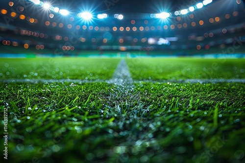 Close-up view of a dewy soccer field at night, under bright stadium lights. The vibrant green grass and crisp white lines create a dynamic contrast. photo