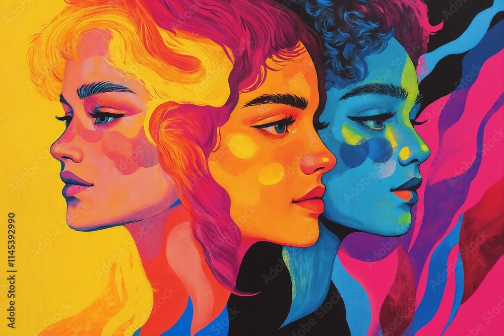 Diversity in women. Female strength. Colorful illustration of three women’s profiles.Empowerment. Diversity. Female unity.illustration for equality, social justice campaigns.
Diversity in women. Female strength. Colorful illustration of three women’s profiles.Empowerment. Diversity. Female unity.illustration for equality, social justice campaigns.