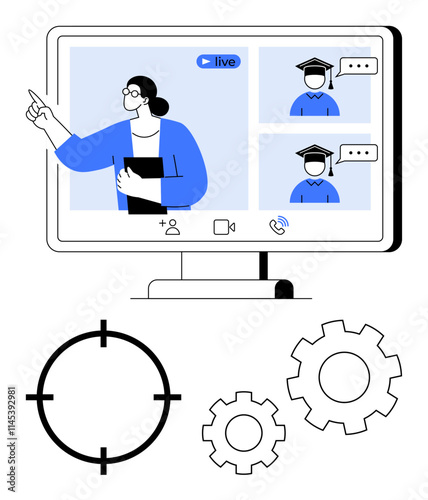 Virtual teacher pointing while instructing two students on a live call displayed on monitor, accompanied by gears and target graphics. Ideal for remote learning, webinars, online education, virtual