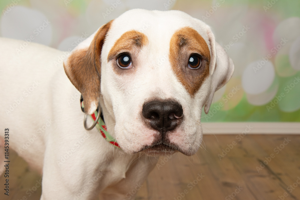 brown and white bully mix dog close up face portrait brown and white bully mix dog close up face portrait