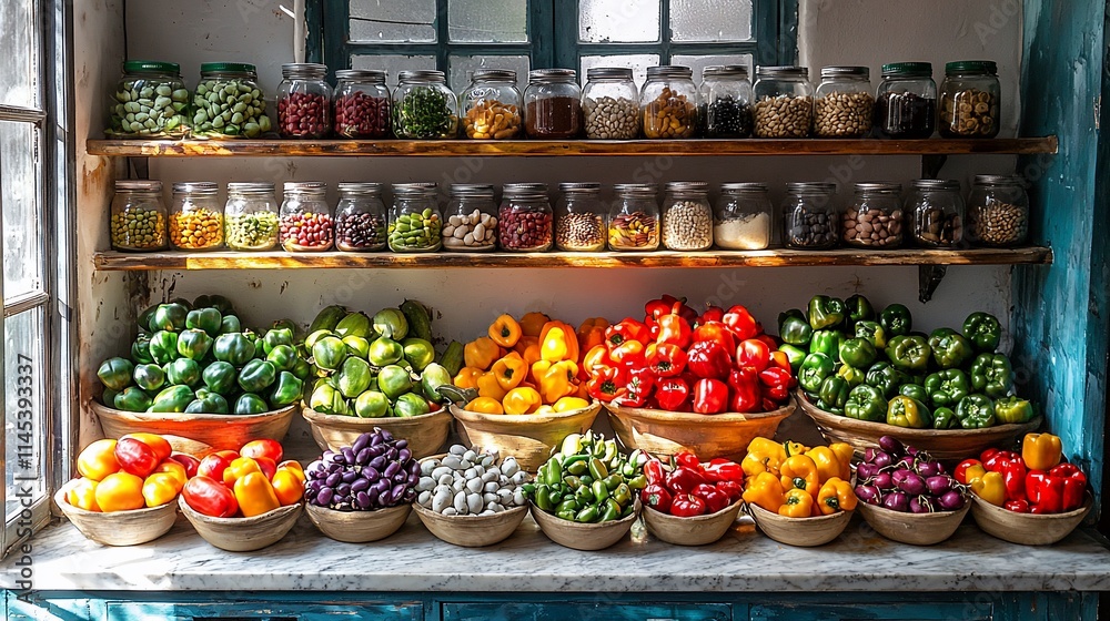 Sunlit pantry shelves stocked with various colorful peppers, beans, and nuts in glass jars and ceramic bowls. Sunlit pantry shelves stocked with various colorful peppers, beans, and nuts in glass jars and ceramic bowls.
