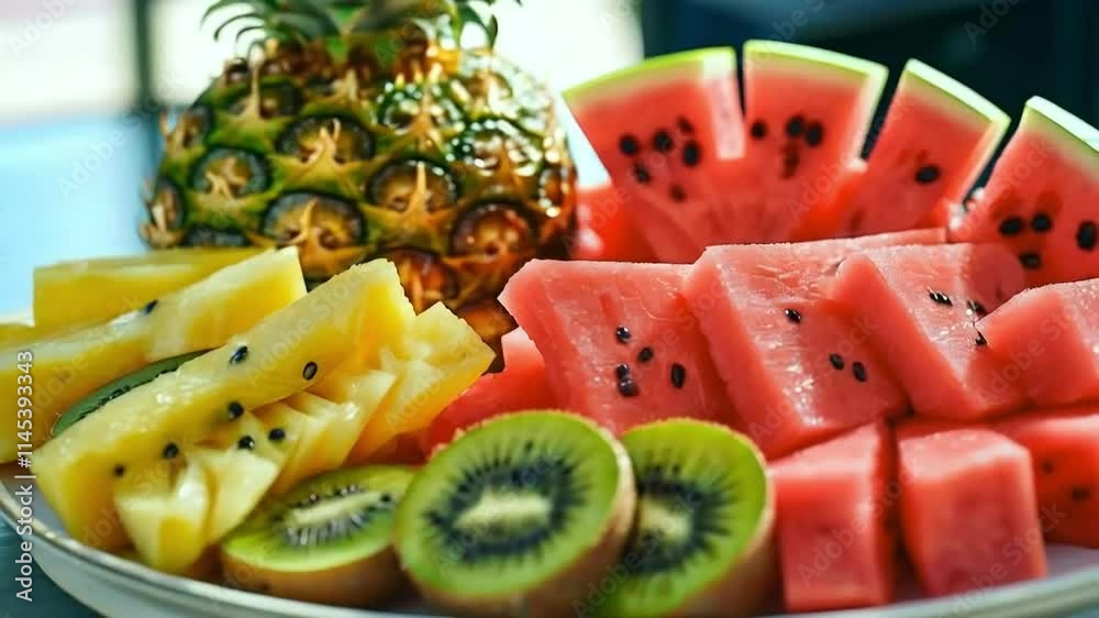 Fresh pineapple, watermelon, and kiwi fruit salad on a plate.