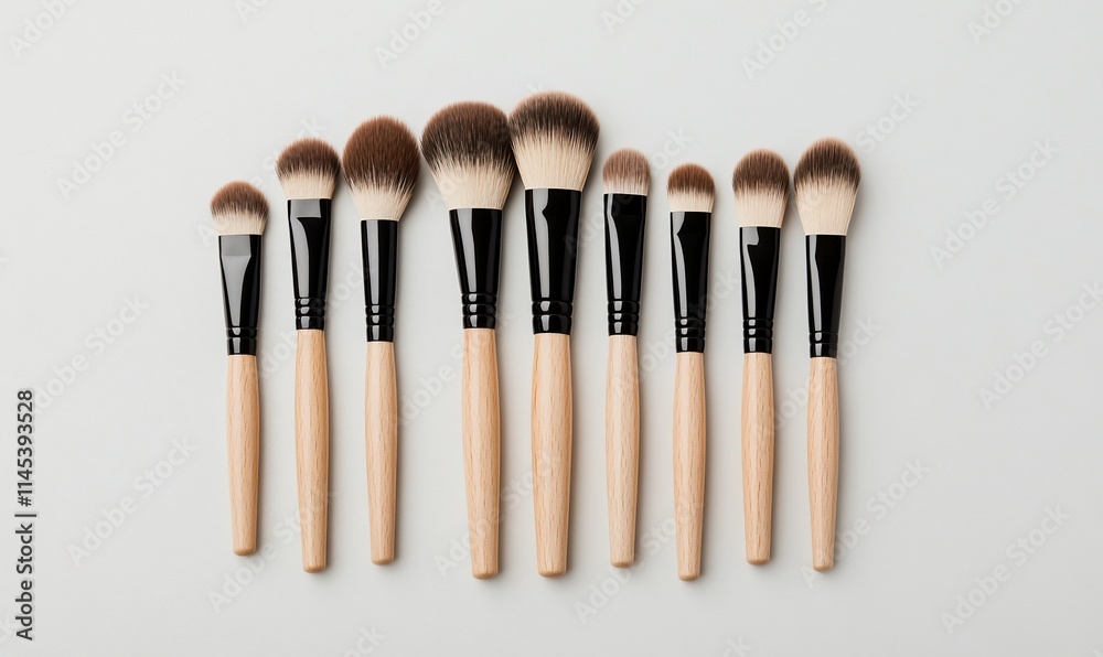 A collection of makeup brushes arranged neatly for beauty application. A collection of makeup brushes arranged neatly for beauty application.