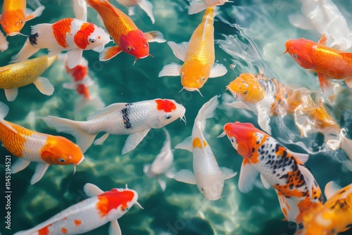 Colorful Koi Fish Swimming in Clear Water Highlighting Their Intricate Patterns and Vibrant Colors in a Serene Aquatic Environment for Peaceful Imagery photo