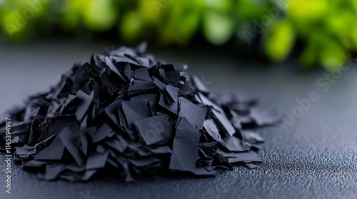 Close-up of a pile of dark gray, irregularly shaped flakes against a blurred green background. photo