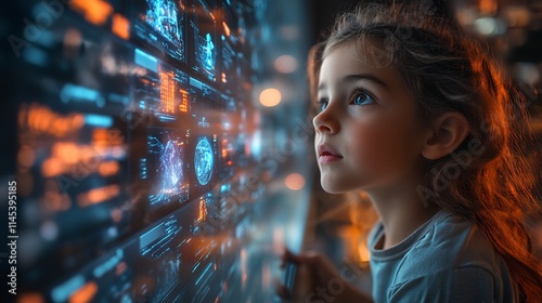 Futuristic classroom where students collaborate on projects using holographic displays and tablets guided by their teacher in a vibrant techrich learning environment photo