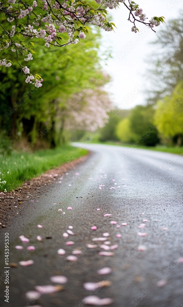 A serene road lined with blooming trees and fallen petals.