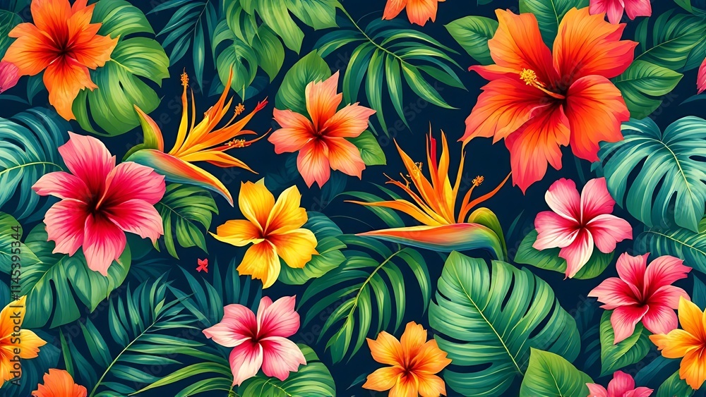 Bold and vibrant tropical floral pattern with large leaves and flowers, showcasing colorful, exotic designs perfect for summer, fashion, and nature-inspired aesthetics.