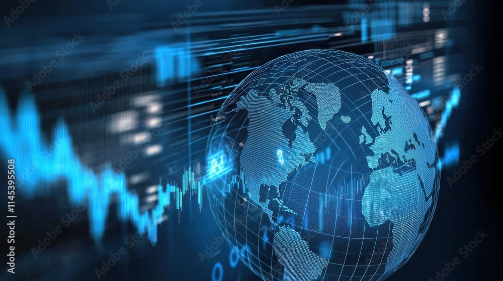 Dynamic digital financial globe with cryptocurrency data visualization technology environment global perspective