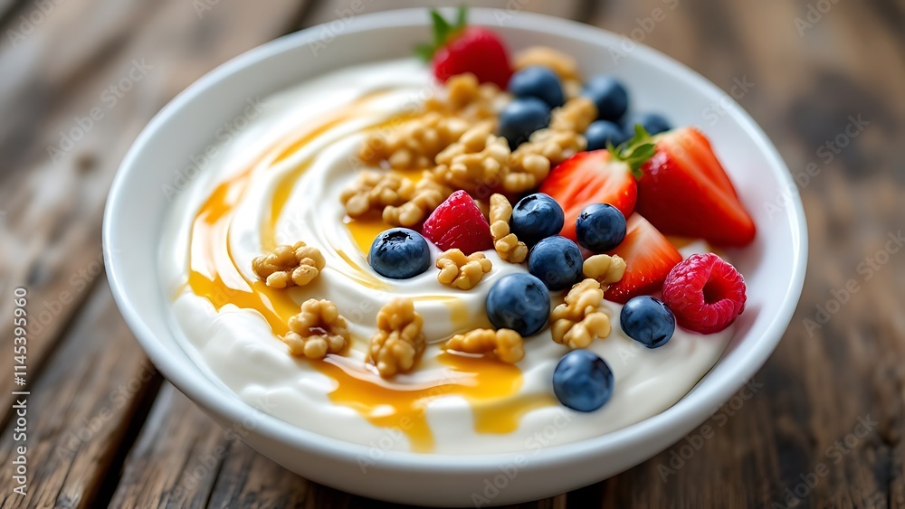 Bowl of Greek yogurt topped with honey, walnuts, and berries, offering a healthy and delicious breakfast or snack option, packed with protein, antioxidants, and natural sweetness. Bowl of Greek yogurt topped with honey, walnuts, and berries, offering a healthy and delicious breakfast or snack option, packed with protein, antioxidants, and natural sweetness.