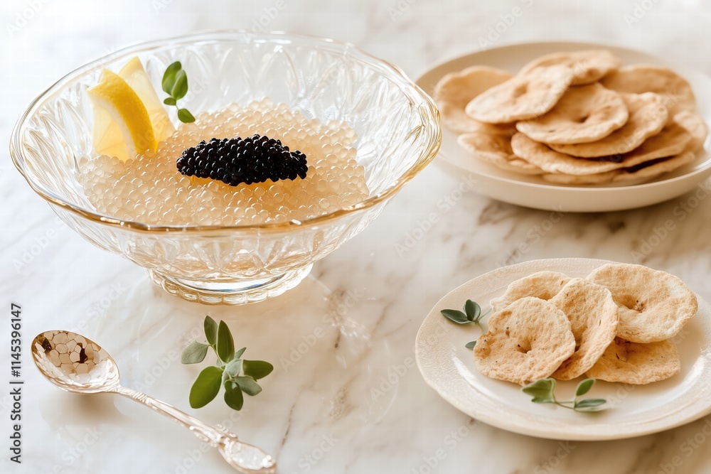 Elegant Culinary Presentation of Caviar and Crackers by Generative Ai Elegant Culinary Presentation of Caviar and Crackers by Generative Ai