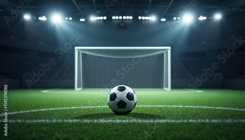 Football field with ball under stadium lights in the evening.Sports event, football match, promotion, sports marketing, advertisement, stadium scene.Competition. Energy. Passion.


