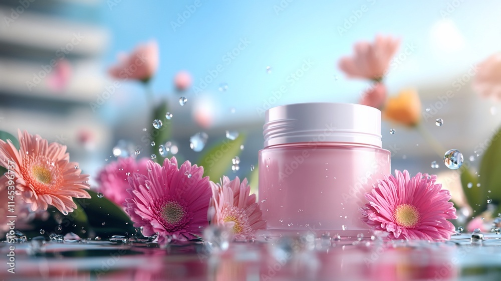 A skincare cream jar surrounded by flowers and droplets. A skincare cream jar surrounded by flowers and droplets.